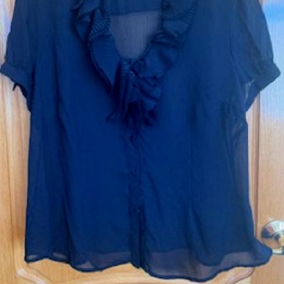 Pamela Dennis Black Sheer Ruffled Blouse Button Front Short Button Sleeves Sz XL - Picture 2 of 6